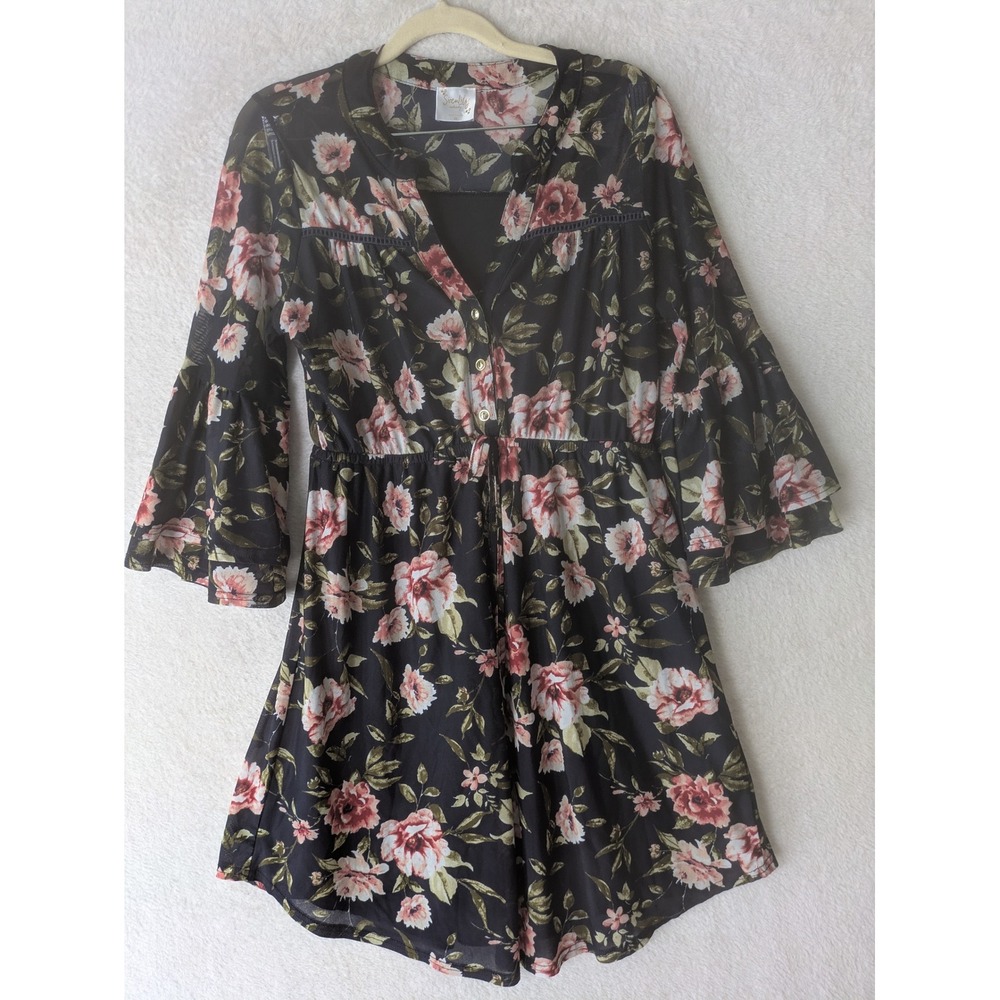 Sirenlily Maternity Dress Women's M Black Pink Floral Boho Bell Sleeve V-Neck